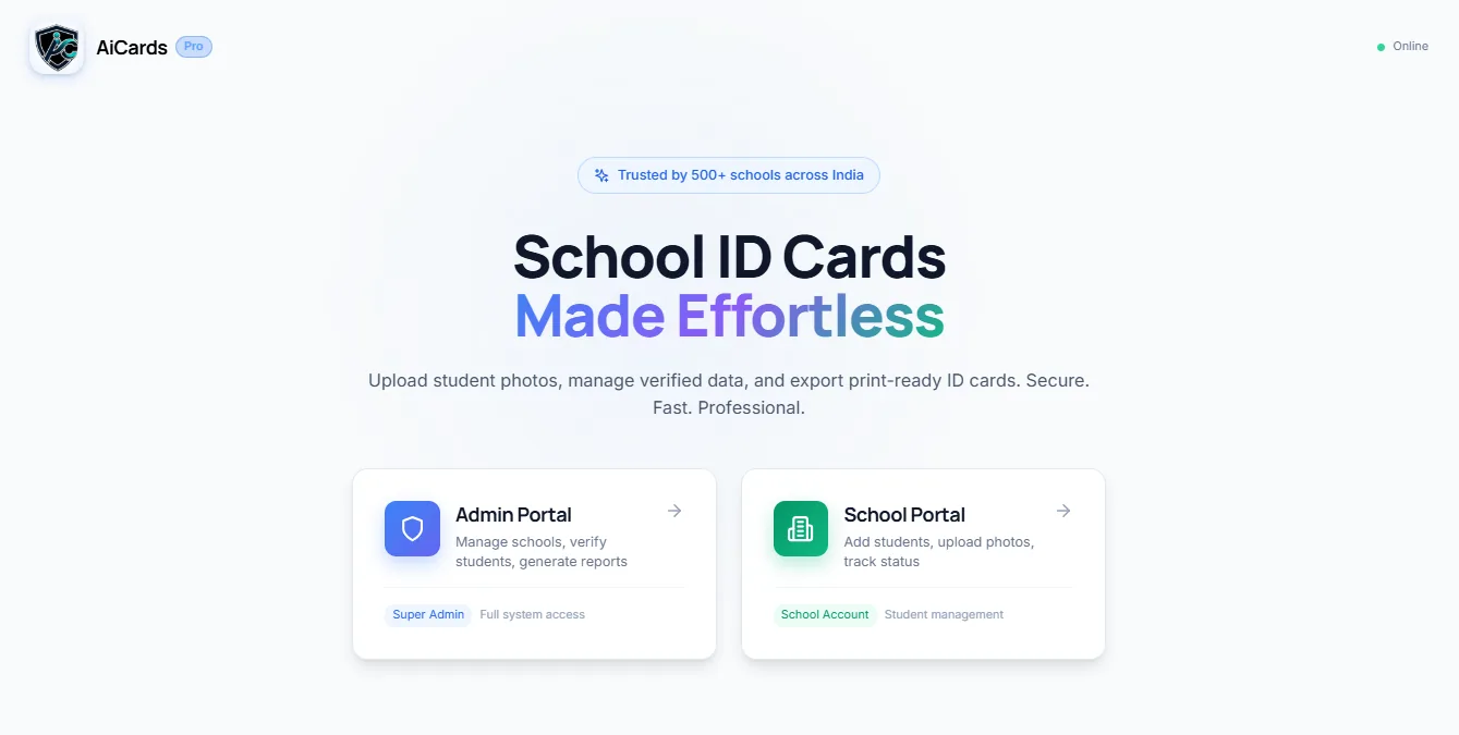 AiCards home screen with separate entry points for an admin portal and a school portal