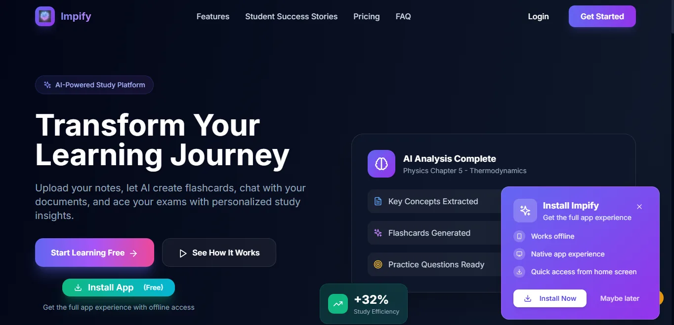 Impify landing page showing AI-generated flashcards from uploaded notes and an install prompt