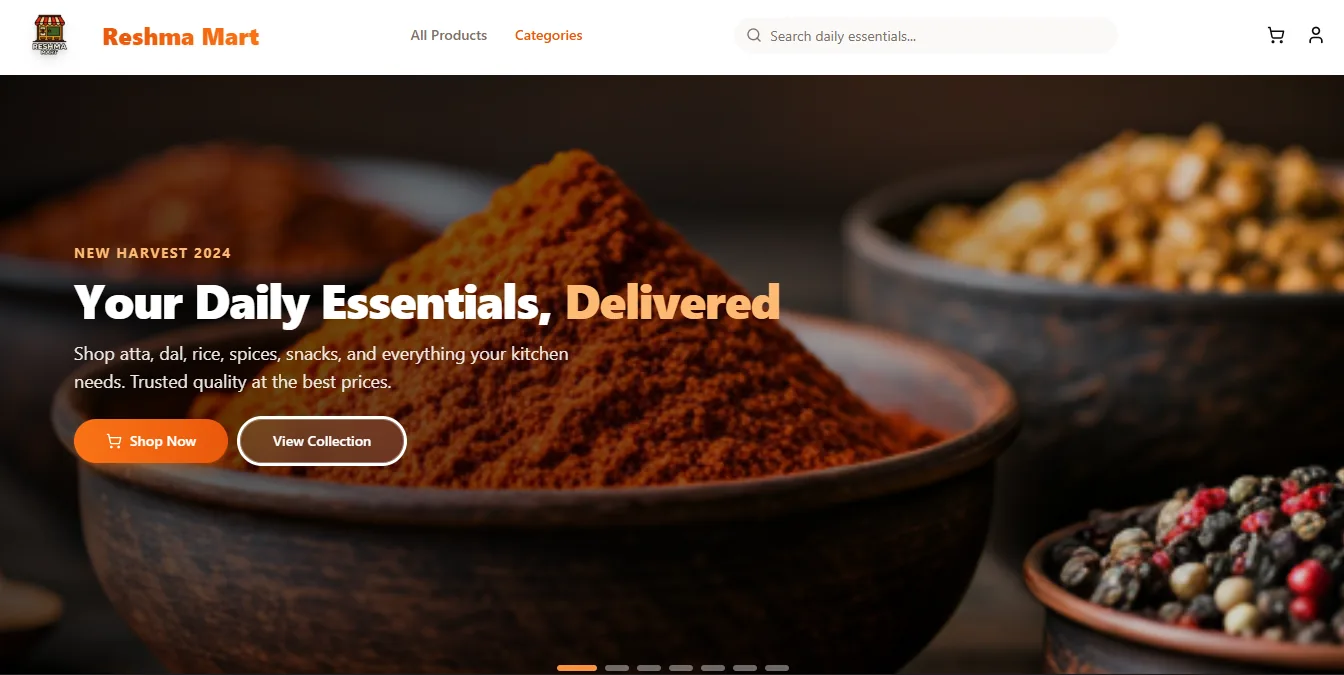 Reshma Mart storefront with a spice photography hero and a daily essentials search bar