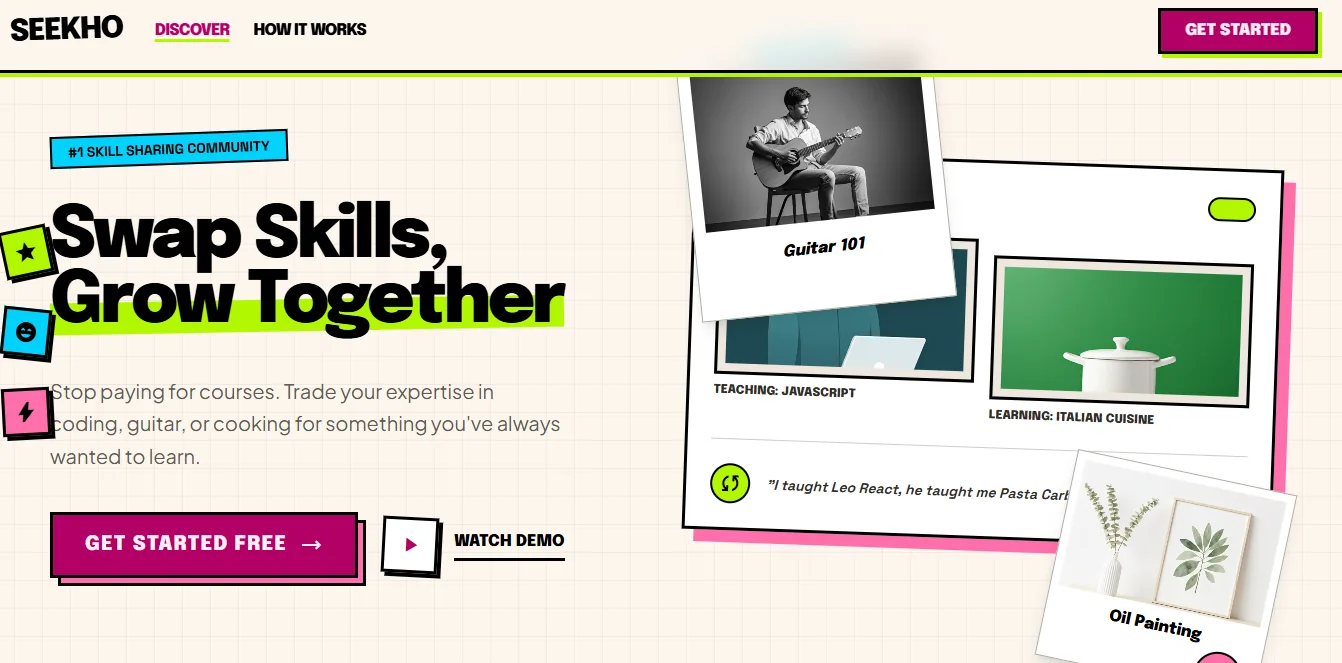 SkillSikho landing page: swap skills, with cards for guitar, JavaScript and cooking exchanges